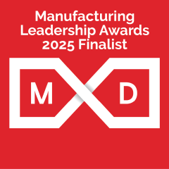 Graphic with red background with MxD logo and white text: Manufacturing Leadership Awards 2025 Finalist 